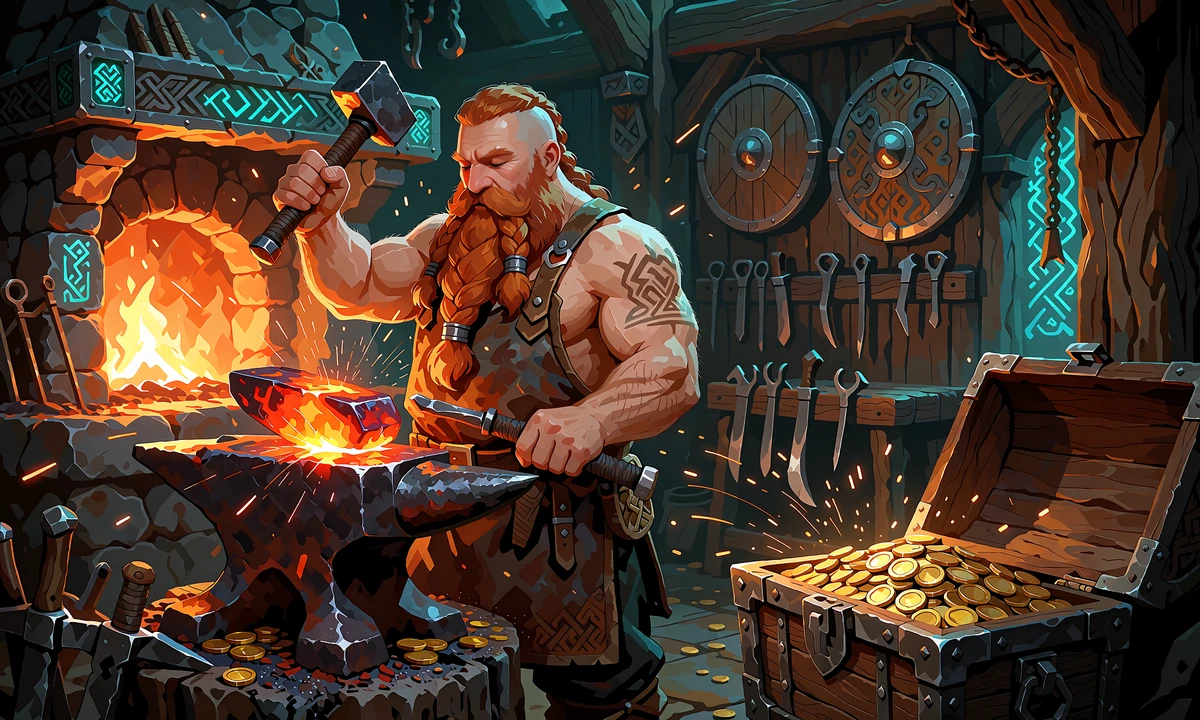 Sk&aelig;g-r&oslash;d dv&aelig;rgesmed h&aelig;ver en hammer over en gl&oslash;dende ingot ved en smedje med guldm&oslash;nter - illustration til ugentlige reloads