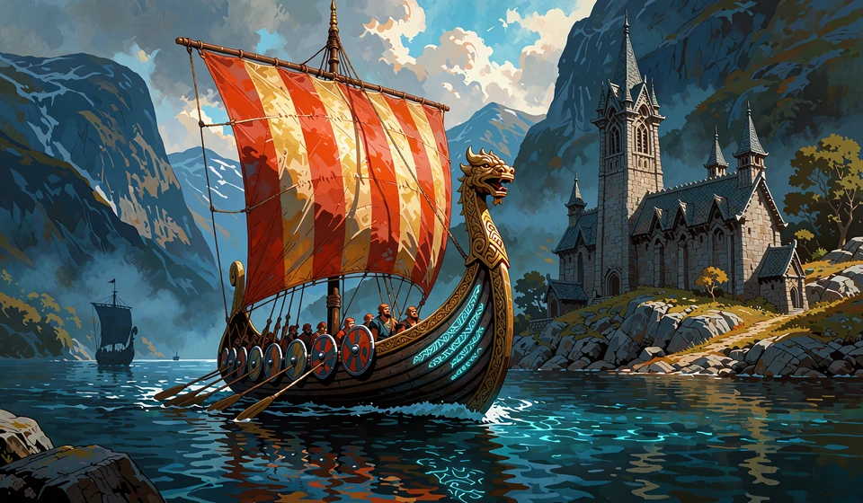 Vikingeskib med gyldent drageforstavn og r&oslash;dt og guld stribet sejl p&aring; en fjord ved en stenhal