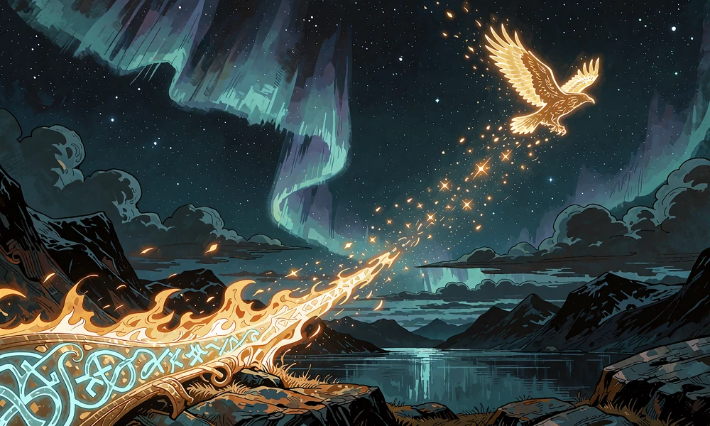 Gylden ravn af lys stiger op langs en gl&oslash;dende kurve over en m&oslash;rk fjord med nordlys - illustration til crash spil