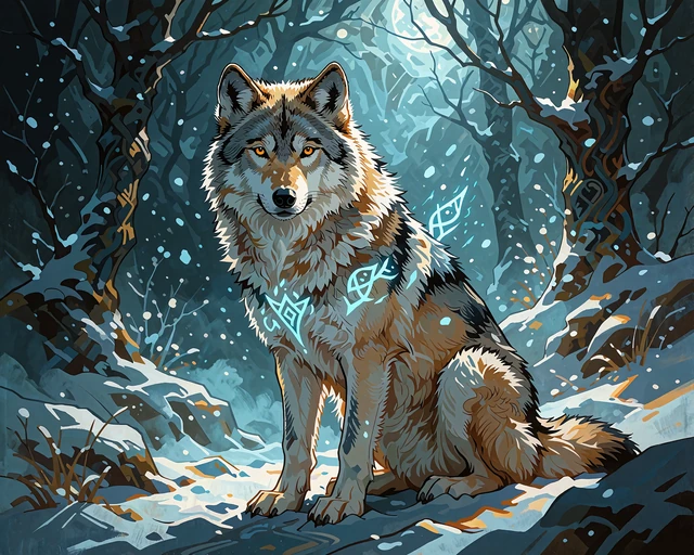 Gr&aring; ulv med ravgule &oslash;jne i en frossen bl&aring; skov - illustration til hold and win-slots