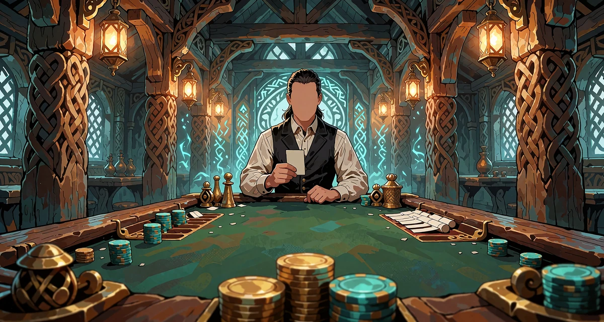 Udsigt over et langt gr&oslash;nt filtbord i en nordisk t&oslash;mmerhal med dealer og jetoner - illustration til live casino