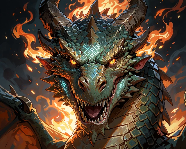 Gr&oslash;nsk&aelig;llet drage med gule &oslash;jne omgivet af flammer og gl&oslash;der - illustration til bonus buy-slots