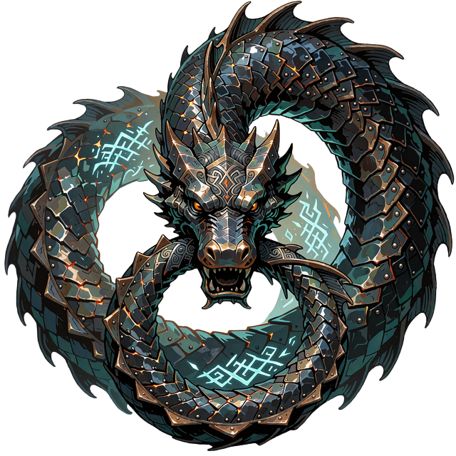 Havslange af m&oslash;rkt hamret jern formet som en lukket ring med gl&oslash;dende ember-revner - emblem for VIP-niveau 1