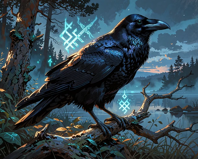 Sort ravn i profil p&aring; en gren over en t&aring;get fjord i skumringen - illustration til jackpot-slots