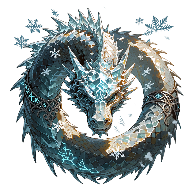 Havslange af gennemsigtig lysebl&aring; is med frostpigge og s&oslash;lvfiligran i en ring - emblem for VIP-niveau 4