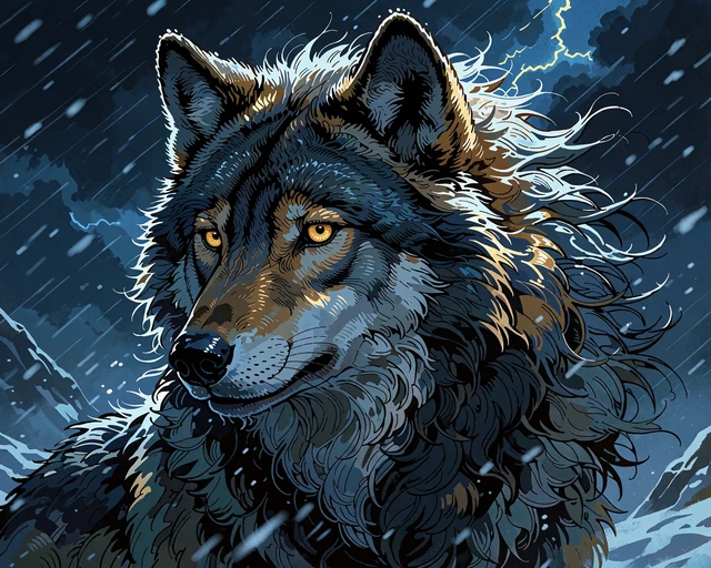 M&oslash;rkebl&aring; ulv med gyldne &oslash;jne under en stormfuld nattehimmel - illustration til bonus buy-slots