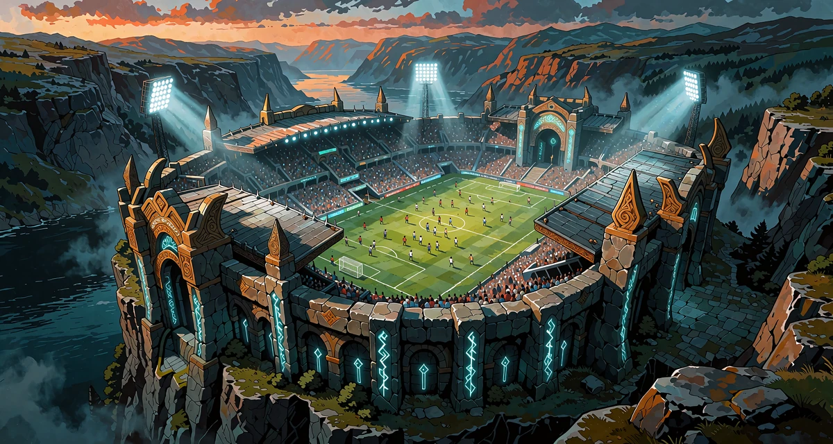 Stenstadion i en fjordklippe ved solnedgang med gr&oslash;n fodboldbane og projekt&oslash;rer - illustration til sportsbook