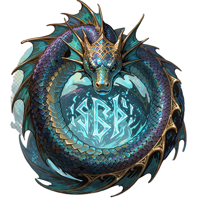 Havslange med skinnende tealviolette sk&aelig;l i en ring omkring sv&aelig;vende iskolde runer - emblem for VIP-niveau 3