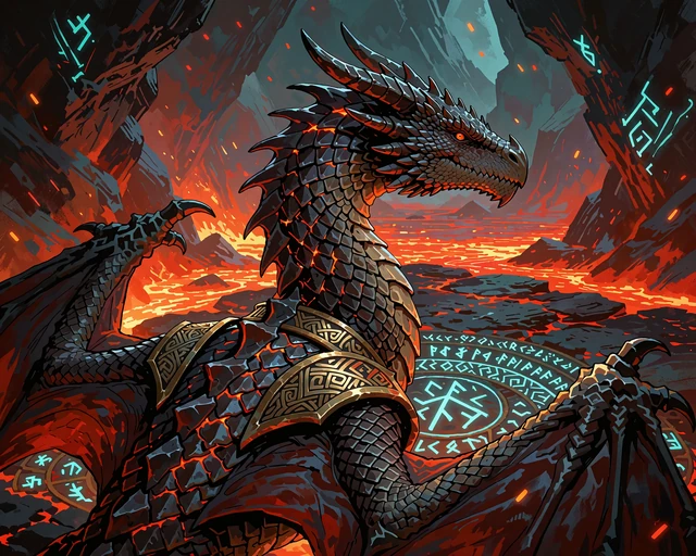 Pansret drage med gl&oslash;dende revner i en vulkansk hule med lava - illustration til hold and win-slots